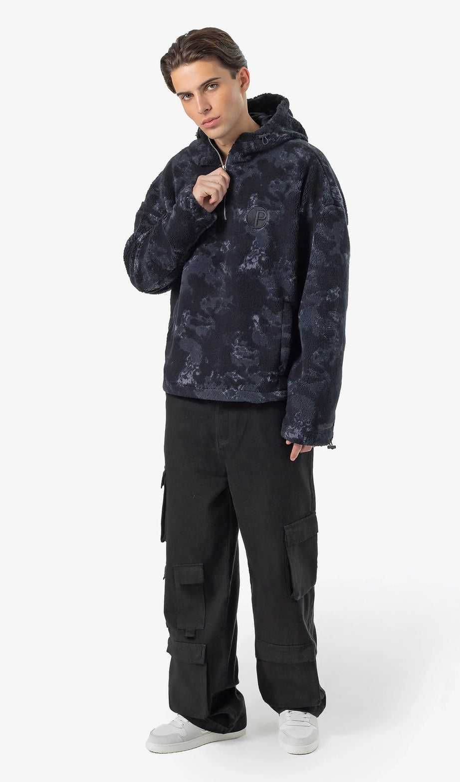 Fall Teddy Halfzip Hoodie Black Shadow Blue