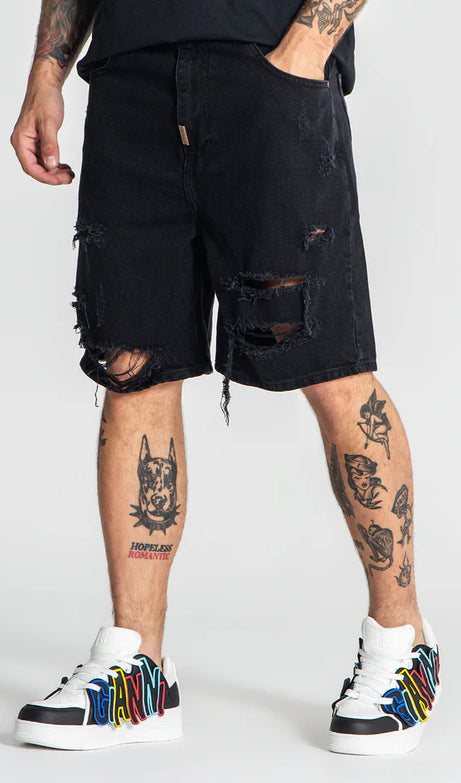 Black Damage Ripped Shorts