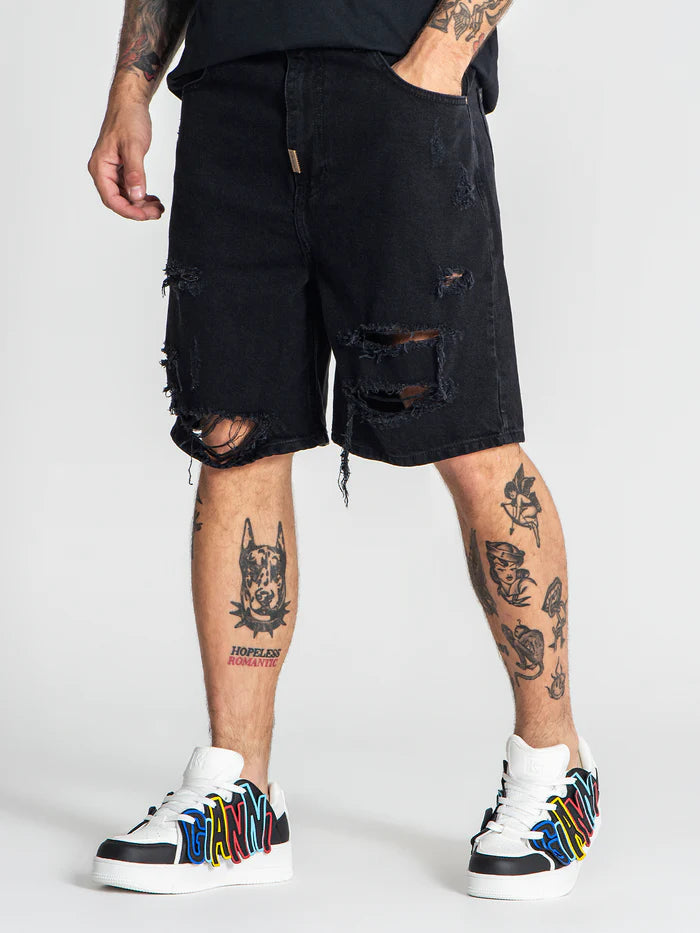 Black Damage Ripped Shorts
