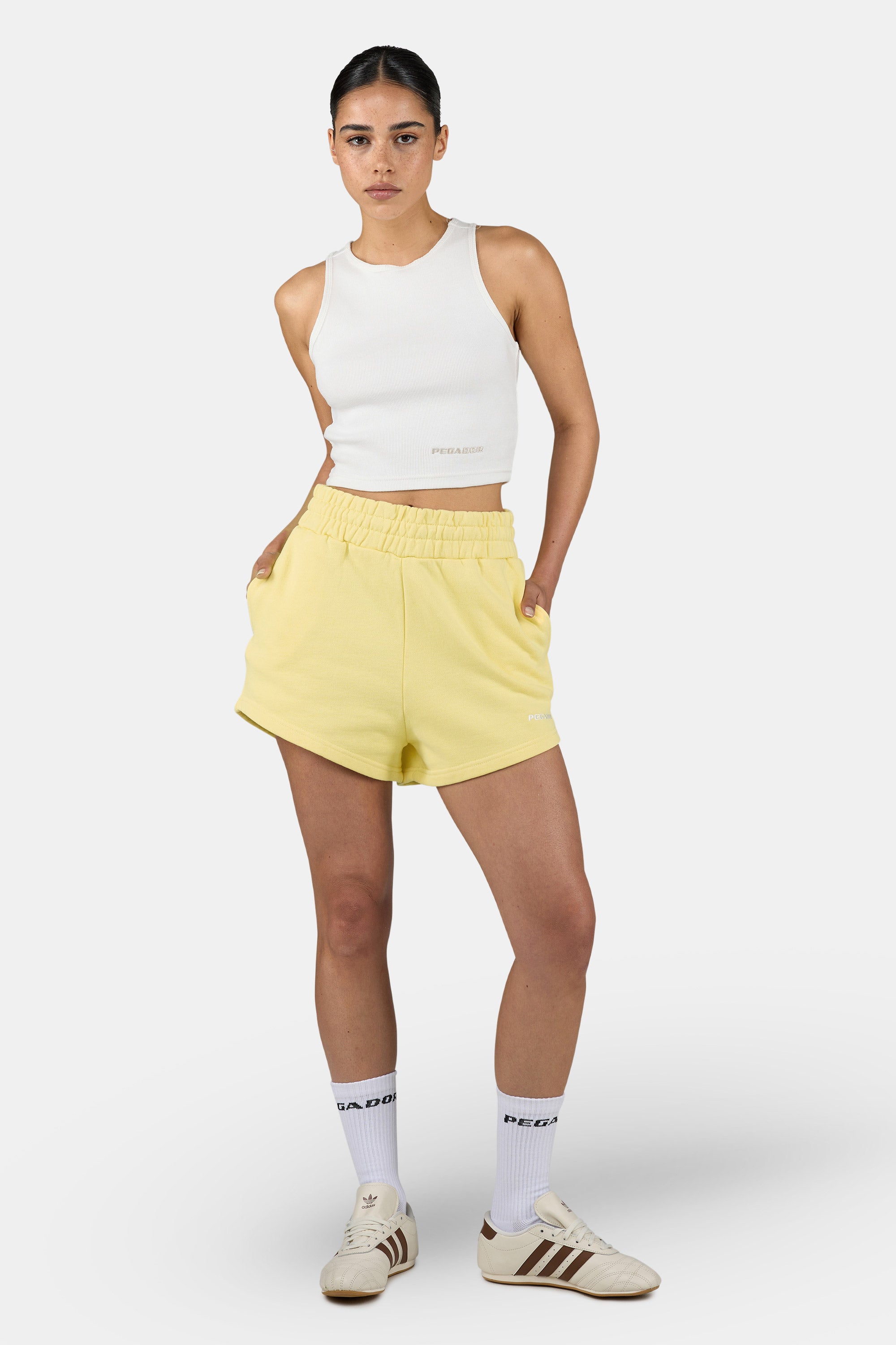 Wiluna High Waisted Sweat Shorts Washed Soft Yellow White