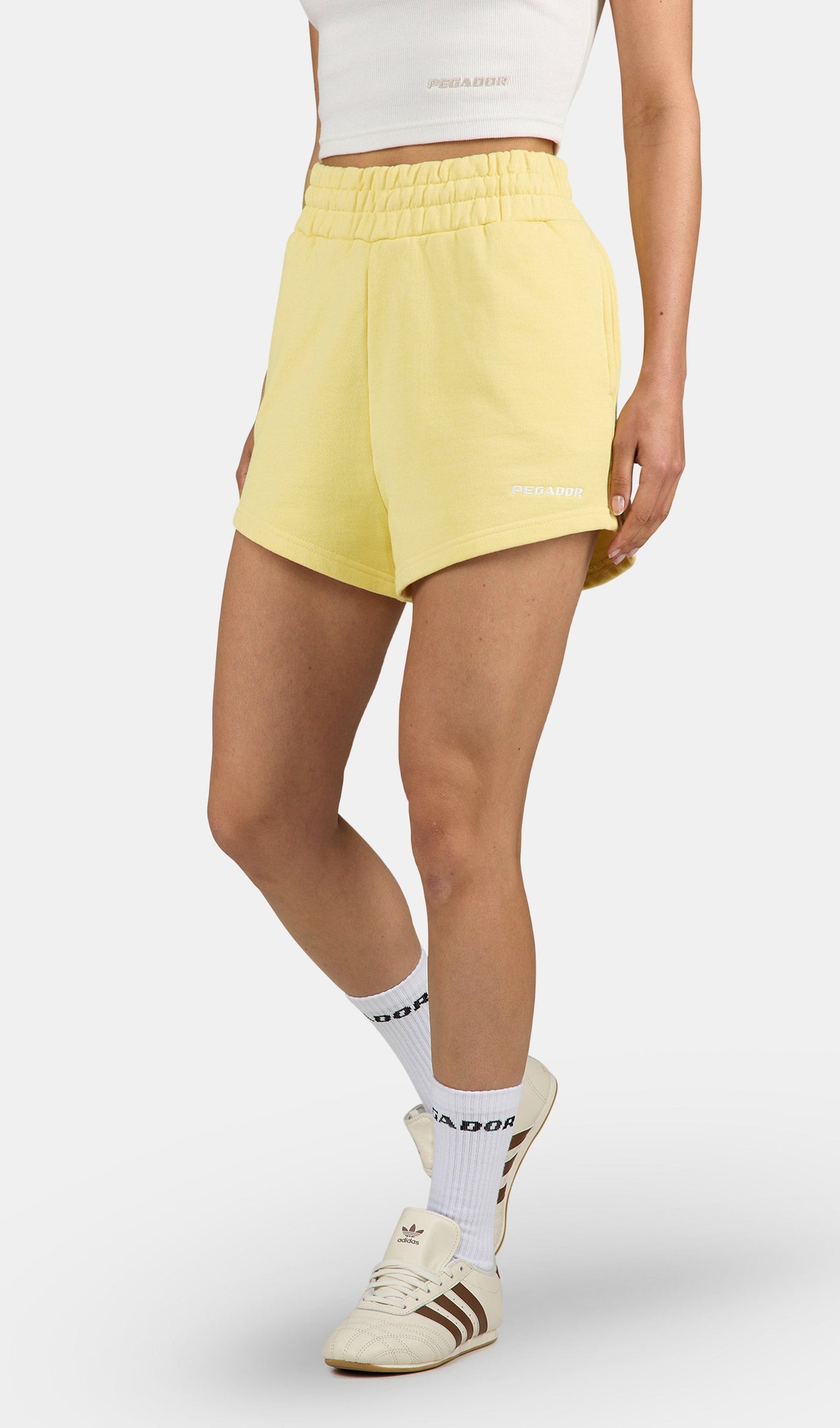 Wiluna High Waisted Sweat Shorts Washed Soft Yellow White