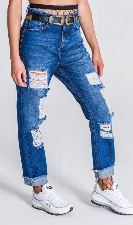 Dark Blue Ripped Mom Jeans - Drakkar shop
