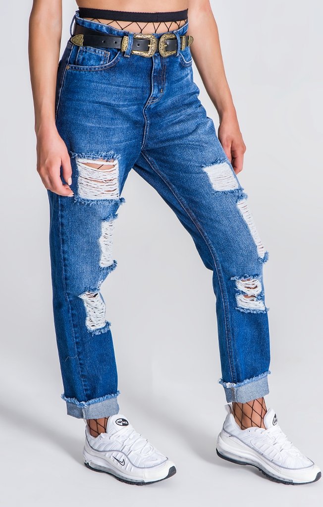 Dark Blue Ripped Mom Jeans - Drakkar shop