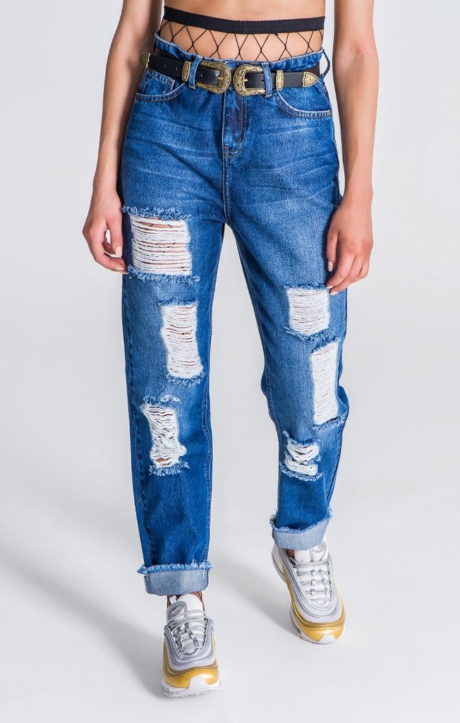 Dark Blue Ripped Mom Jeans - Drakkar shop