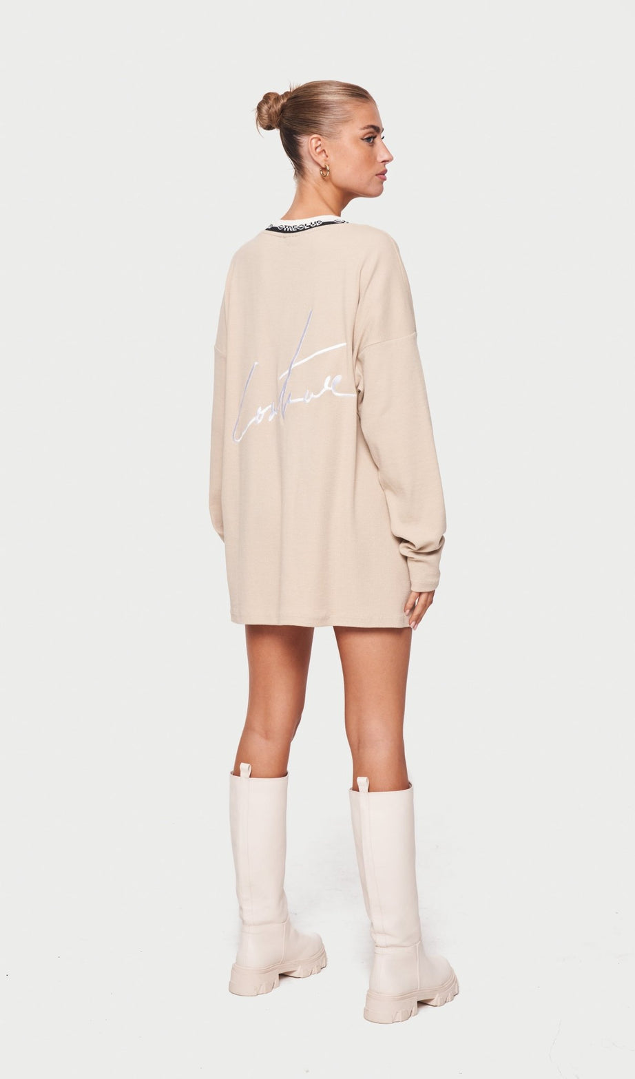 DEEP V NECK RIBBED LONG SLEEVE DRESS BEIGE - Drakkar shop