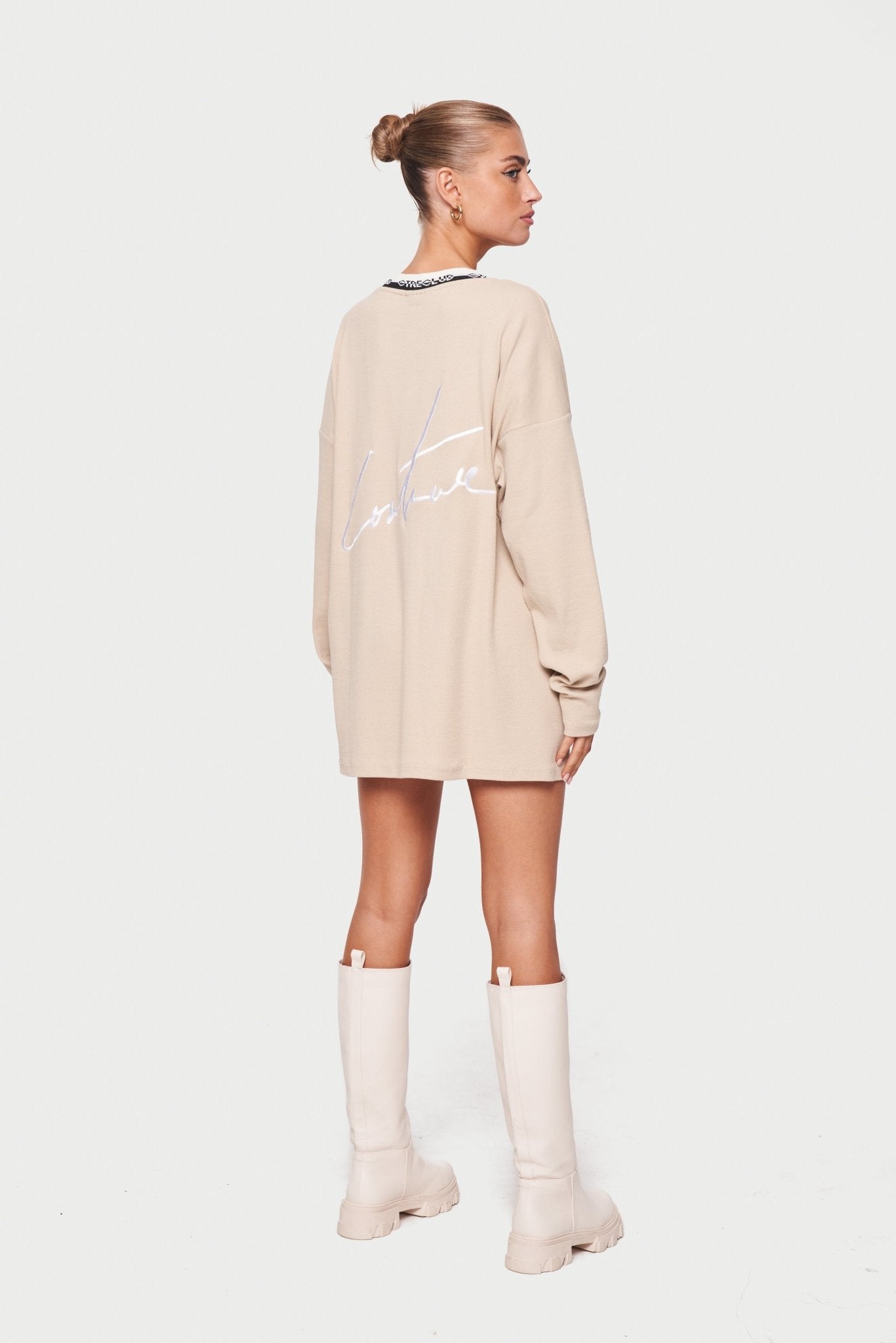 DEEP V NECK RIBBED LONG SLEEVE DRESS BEIGE - Drakkar shop