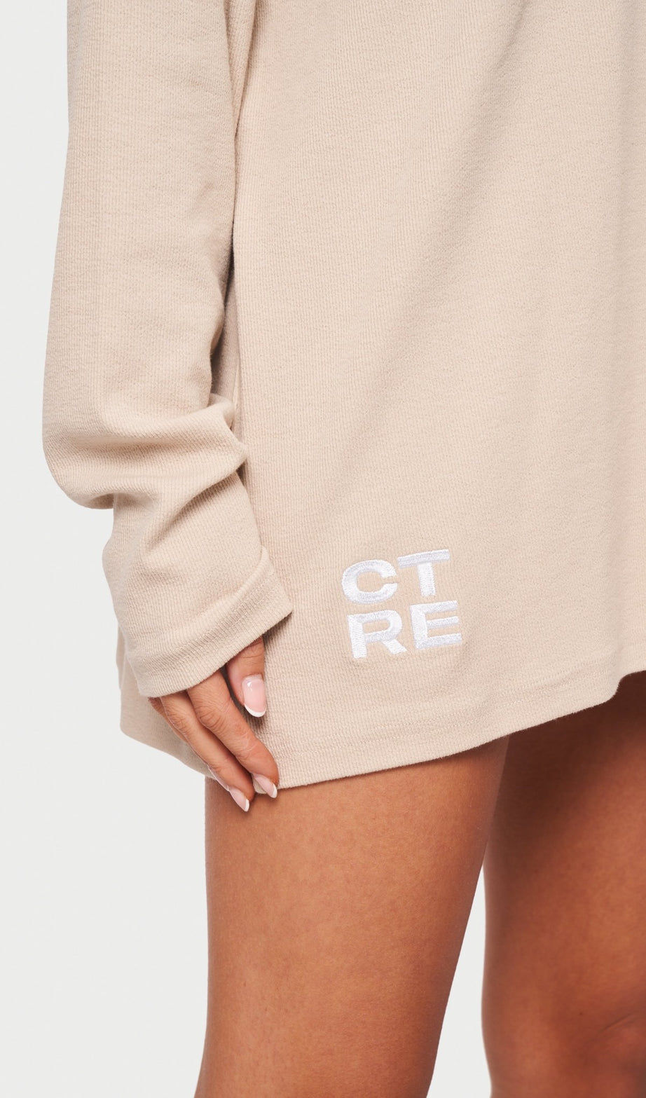 DEEP V NECK RIBBED LONG SLEEVE DRESS BEIGE - Drakkar shop