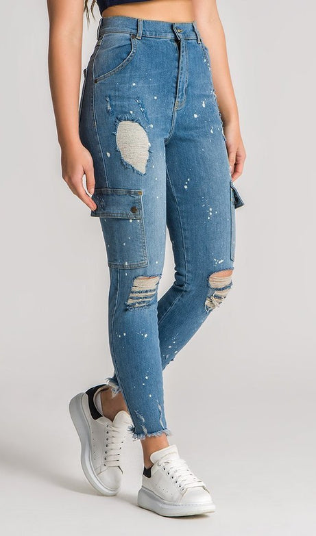 Medium Blue Core Cargo Jeans With Bleach Splatter - Drakkar shop